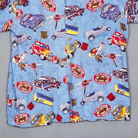 REYN SPOONER Hawaiian Shirt Mens Large Blue Classic Cars The Wonder Gas Route 66 - Picture 6 of 14